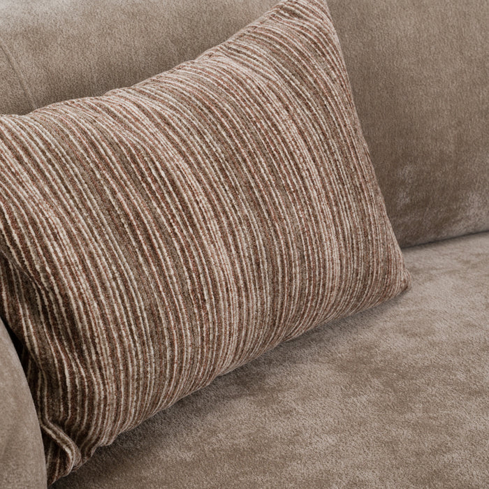 Arnaud tan fabric brown oak loveseat - dimensions
