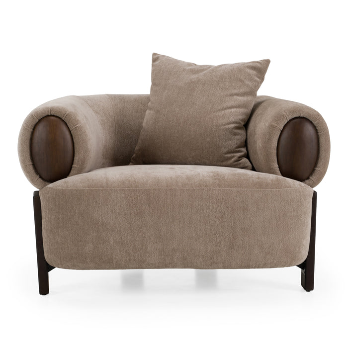 Arnaud tan fabric brown oak accent chair - front view