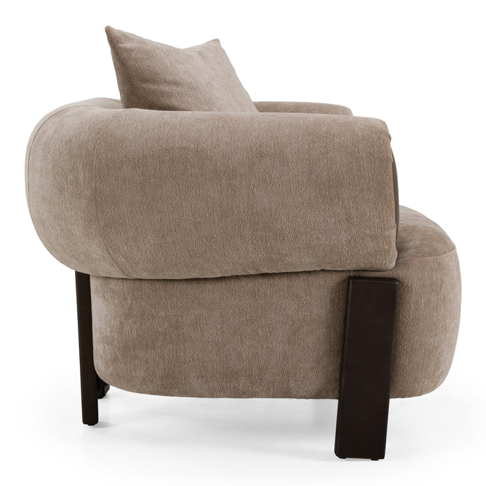 Arnaud tan fabric brown oak accent chair - side view