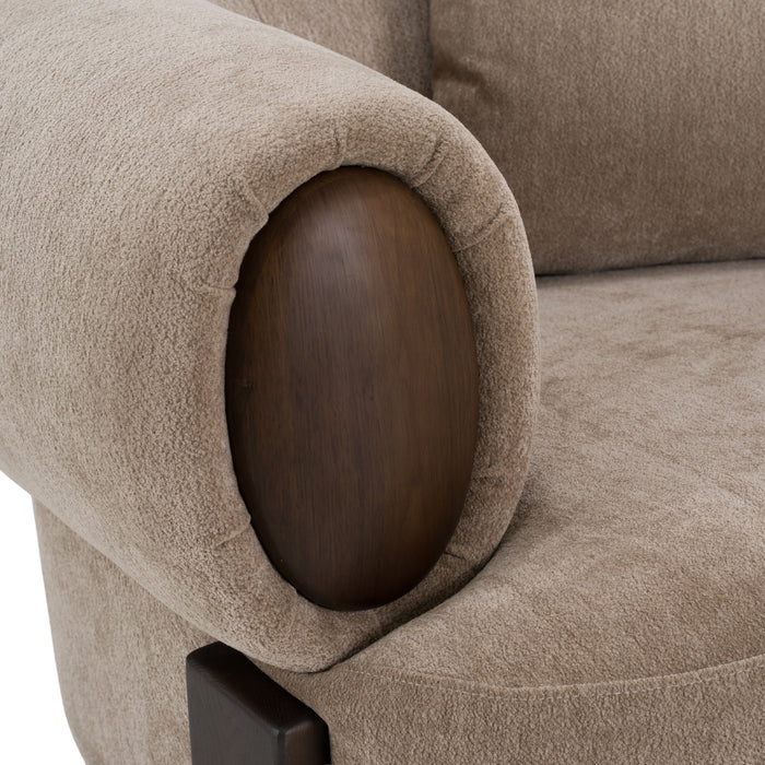 Arnaud tan fabric brown oak accent chair - back view