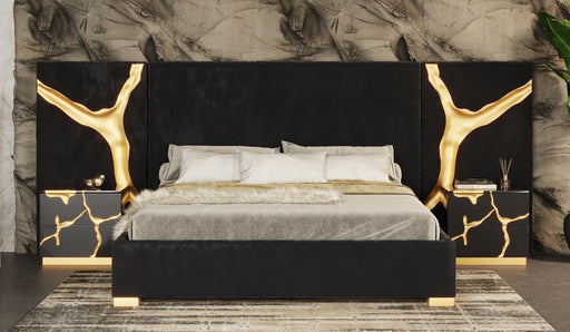 Queen Aspen - Modern Black + Gold 4-Piece Bedroom Set