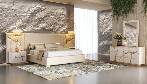 Eastern King Aspen - Modern Beige + White + Gold 4-Piece Bedroom Set