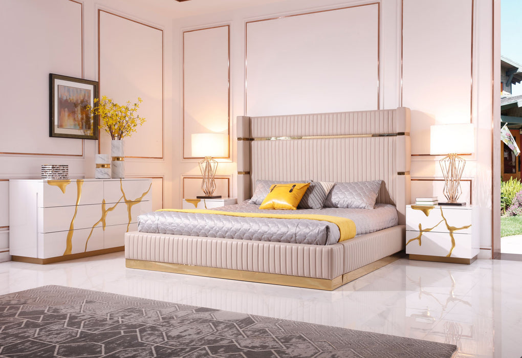 Sterling - Queen Modern Beige + Gold Bed + Nightstands