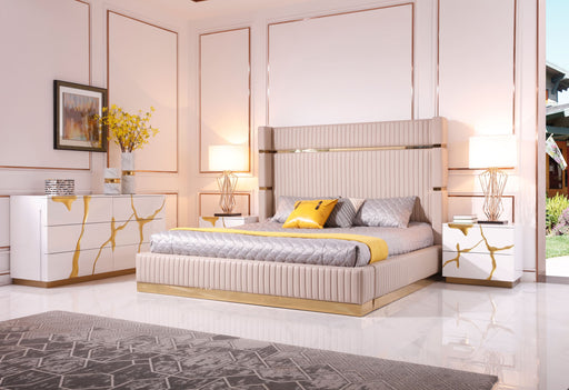 Sterling - Eastern King Modern Beige + Rose Gold Bed + Nightstands