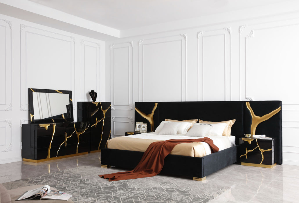 Aspen - Eastern King Modern Black + Gold Bed + Nightstands