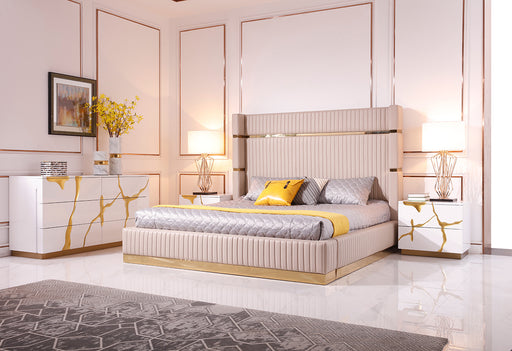 Queen Sterling Modern Beige Bonded Leather & Gold Bed