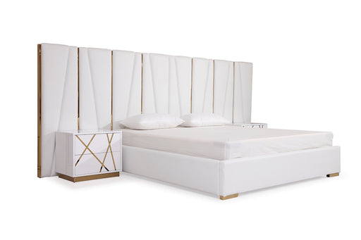 Eastern King Nixa Modern White Bonded Leather & Gold Bed