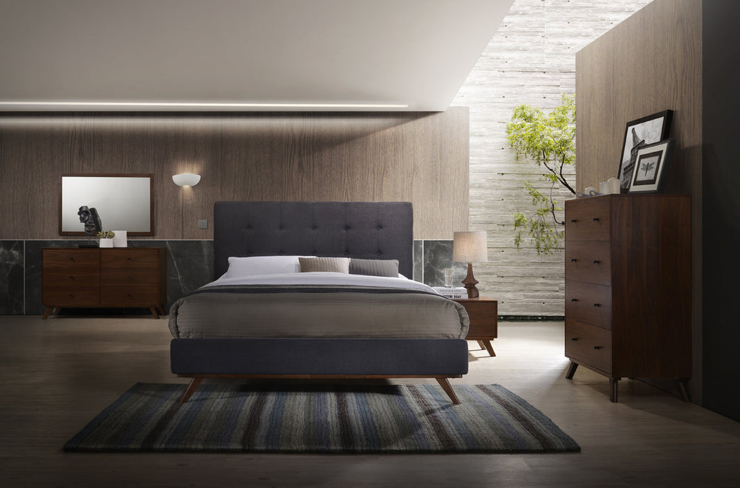 Addison Mid-Century Modern Grey Fabric & Walnut Bed