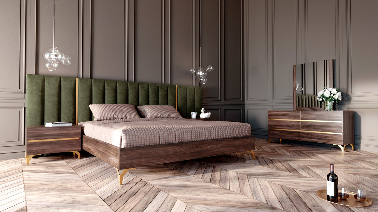 Calabria Modern Walnut & Green Velvet Bedroom Set