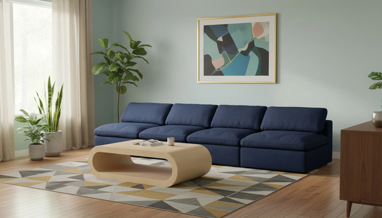 Serene Navy Linen Fabric Deluxe Cloud Modular Armless Sofa