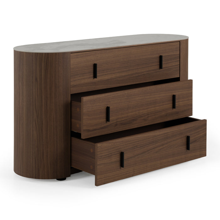 Chelton - Contemporary White Ceramic & Walnut 3-Drawer Dresser