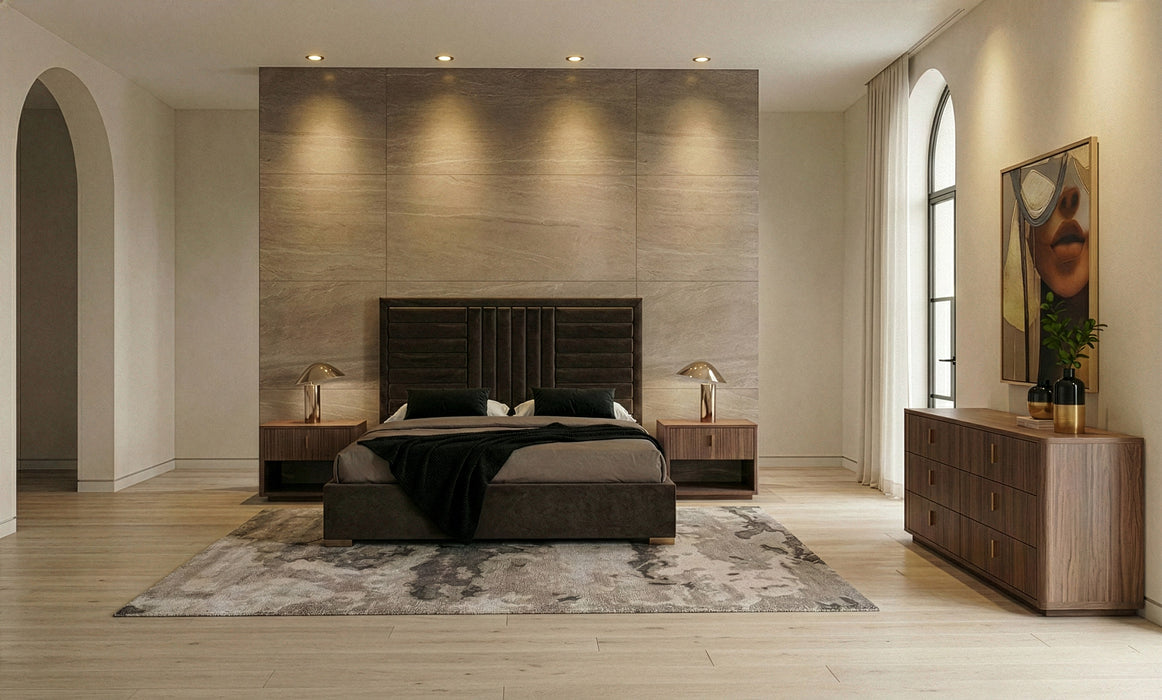 Eastern King Daystar + Roma - Modern Dark Brown Velvet + Walnut 4-Piece Bedroom Set
