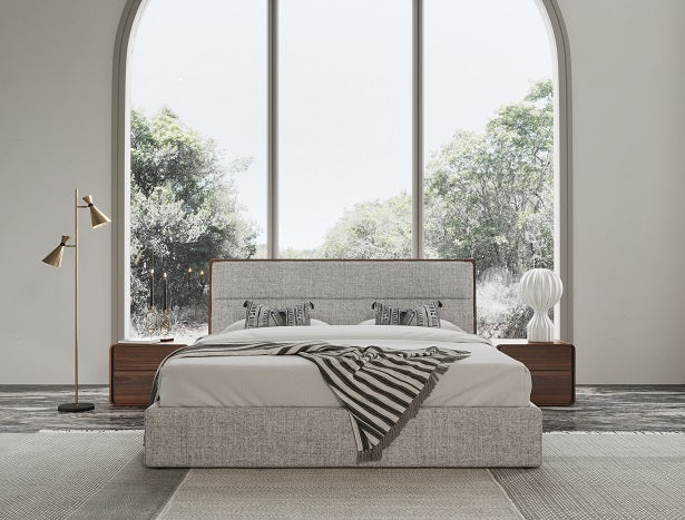 Dustin - Modern Grey Fabric & Walnut Trimmed Bed