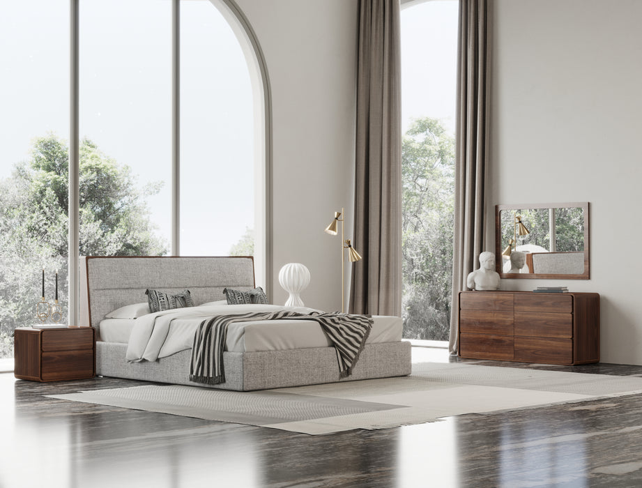 Dustin - Modern Grey Fabric & Walnut Trimmed Q Bedroom Set