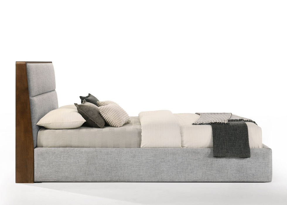 Dustin - QueenModern Grey Fabric & Walnut Trimmed Bed