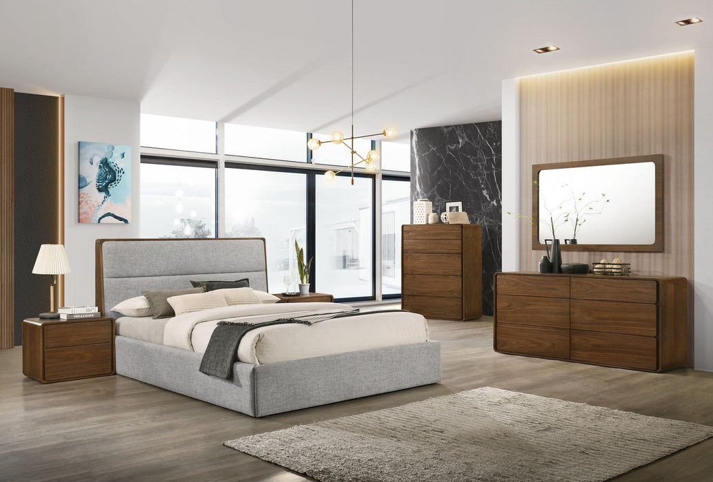 Dustin - QueenModern Grey Fabric & Walnut Trimmed Bed