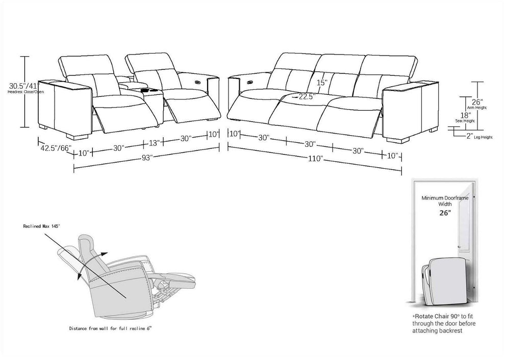 Global United 1208 3-Piece Reclining Set White