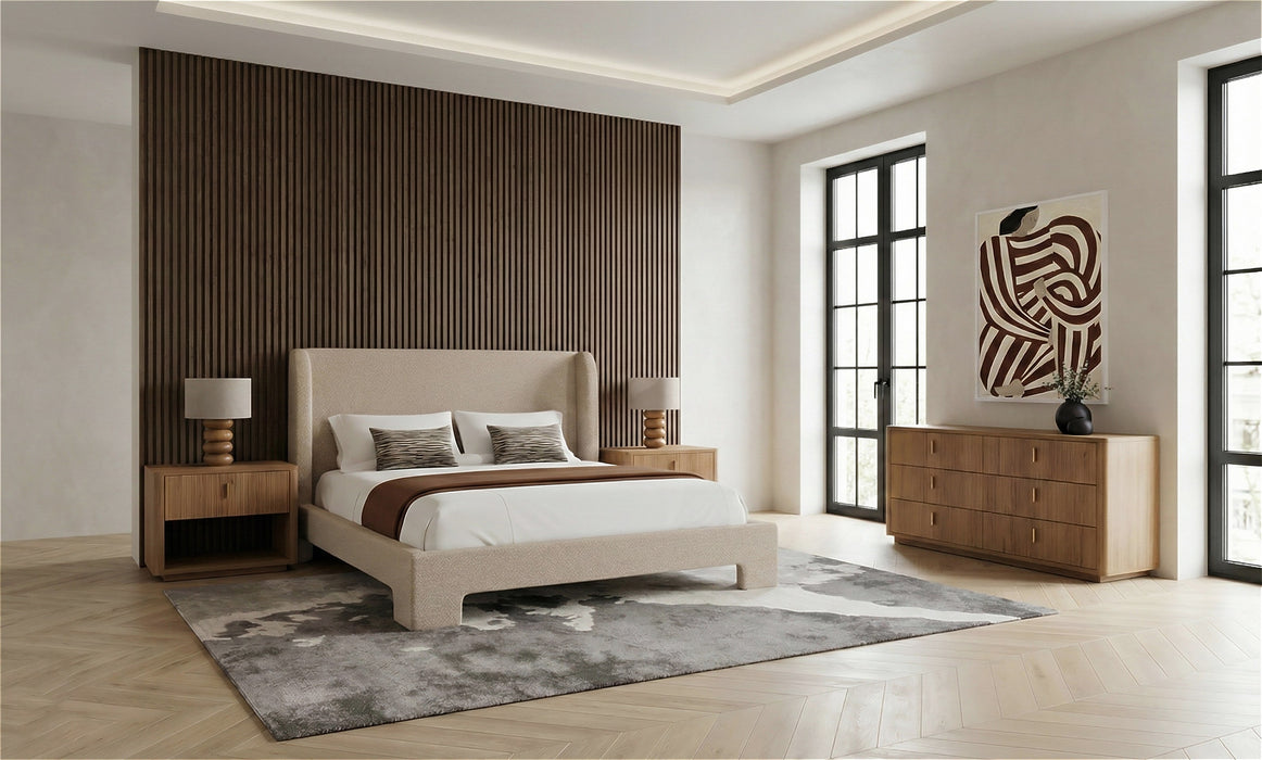 Queen Emilio + Roma - Modern Beige Fabric + Oak 4-Piece Bedroom Set