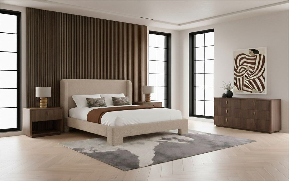 Emilio + Roma - Modern Beige Fabric + Walnut 4-Piece Bedroom Set