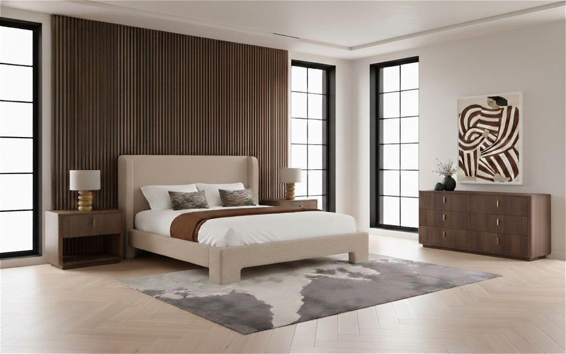 Eastern King Emilio + Roma - Modern Beige Fabric + Walnut 4-Piece Bedroom Set