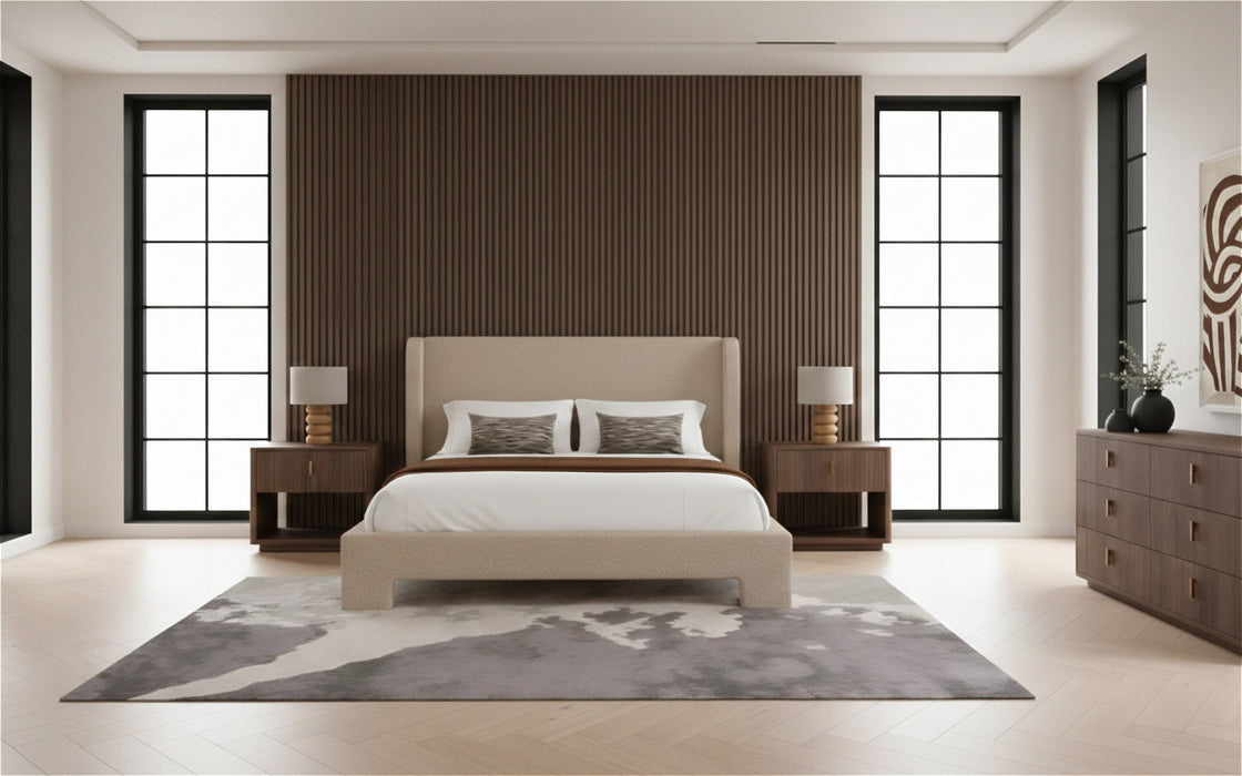 Emilio + Roma - Modern Beige Fabric + Walnut 4-Piece Bedroom Set
