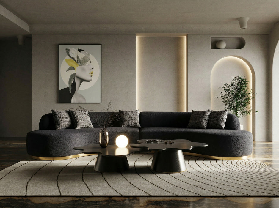 Frontier - Glam Black Fabric Curved Sectional Sofa with Grey Pillows