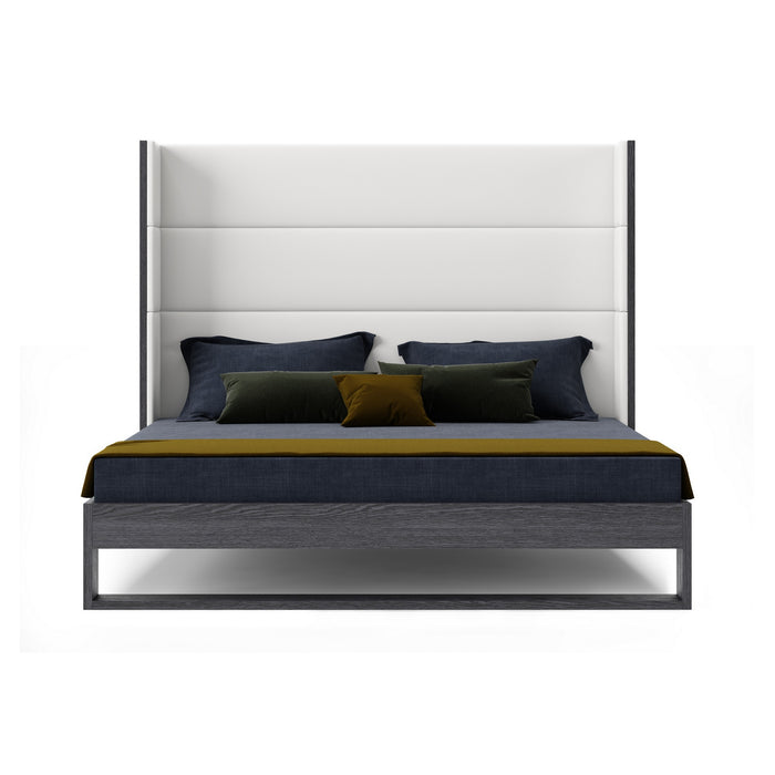 Heloise - Queen Contemporary White Leather & Grey Elm Trim Bed