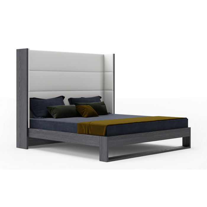Heloise - Queen Contemporary White Leather & Grey Elm Trim Bed