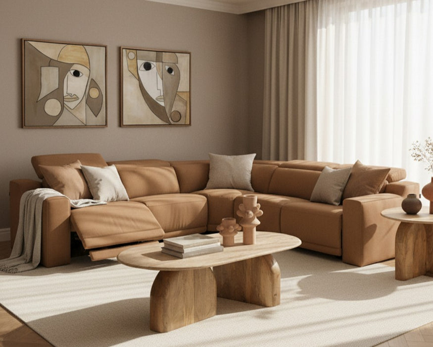Horton - Modern Brown Fabric Sectional Sofa w/ 3 Recliners