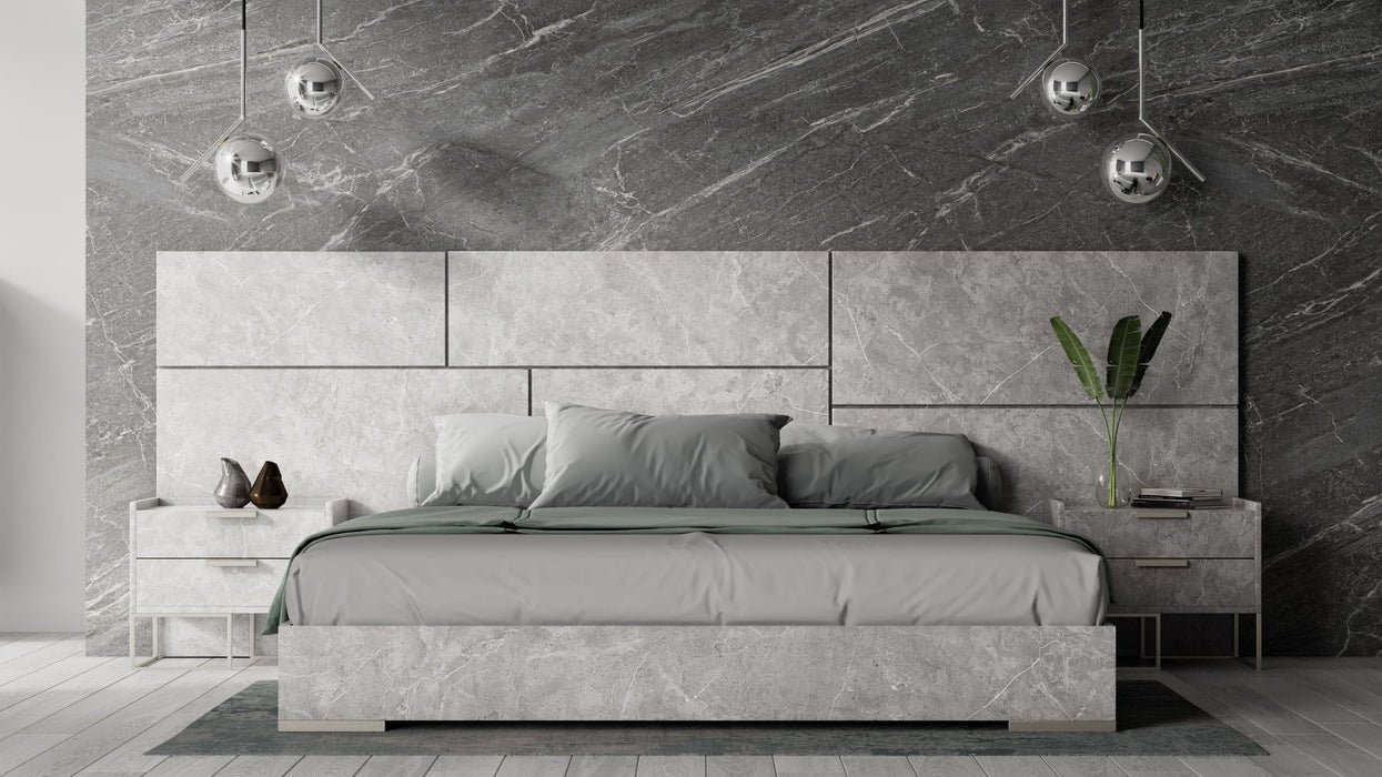 Eastern King Marbella - Italian Modern Grey Marble Bed w/ 2 Nightstands