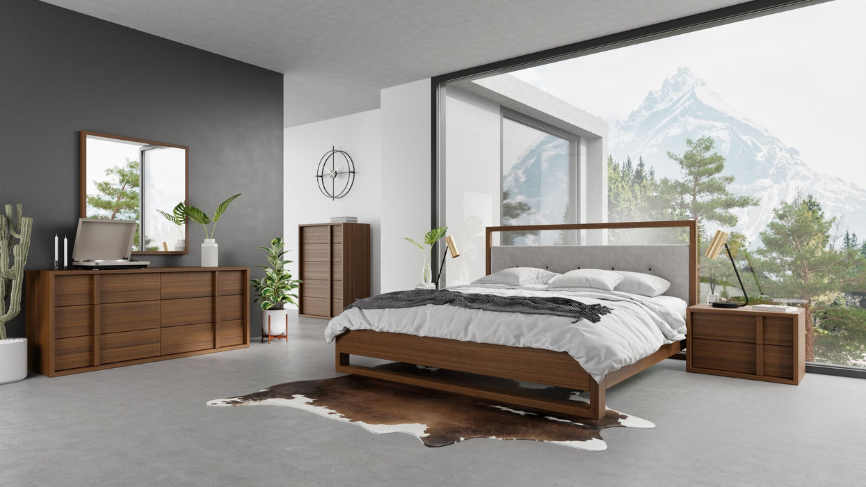 Falcor - Modern Grey Fabric & Walnut Veneer Bed