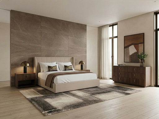 Queen Kiro + Roma - Modern Tan Fabric + Walnut 4-Piece Bedroom Set