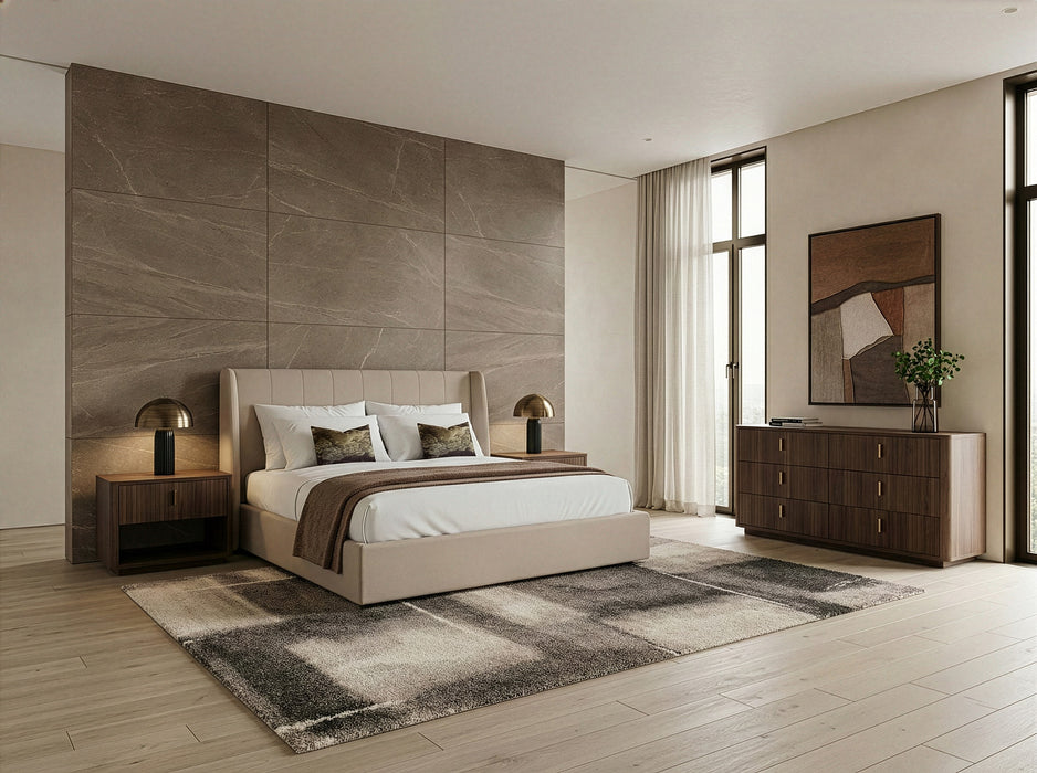 Queen Kiro + Roma - Modern Tan Fabric + Walnut 4-Piece Bedroom Set