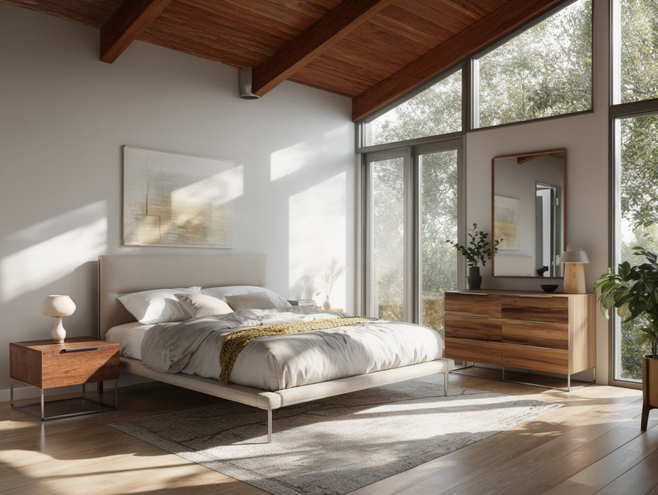Eastern King Bergeron + Lorenzo - Contemporary Cream Fabric + Light Oak 4-Piece Bedroom Set