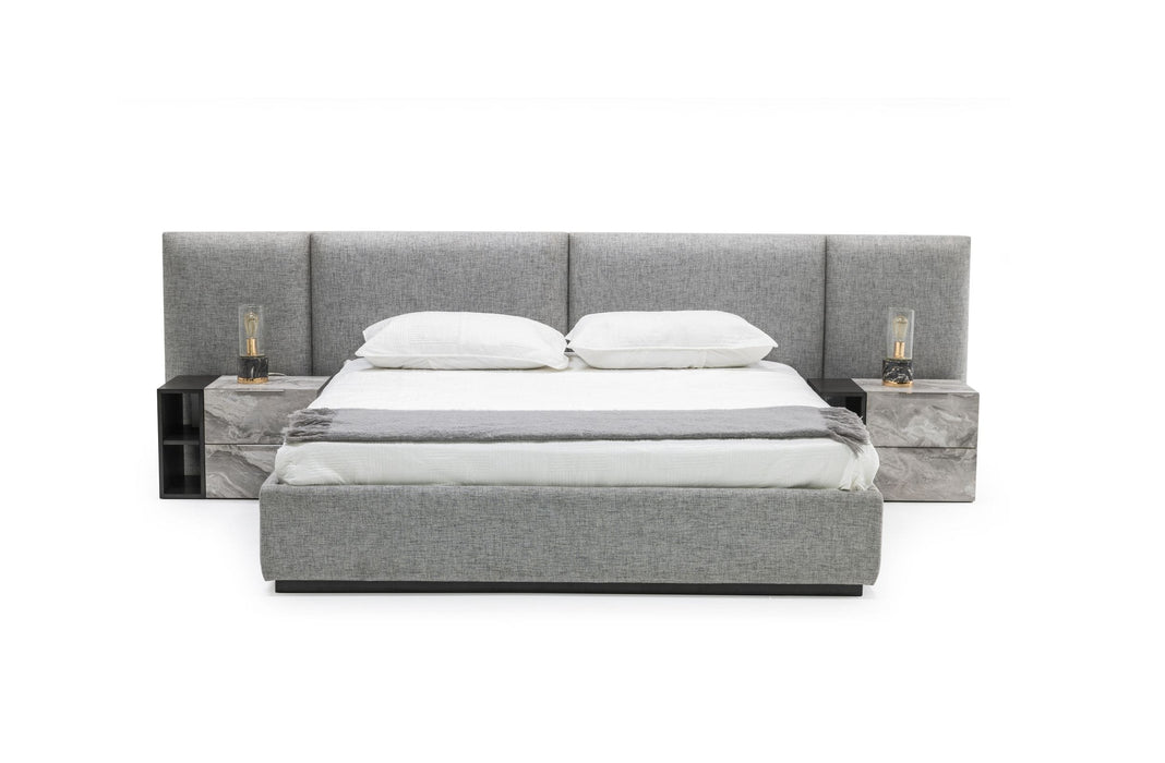 Eastern King Maranello - Modern Grey Fabric Bed w/ Two Nightstands