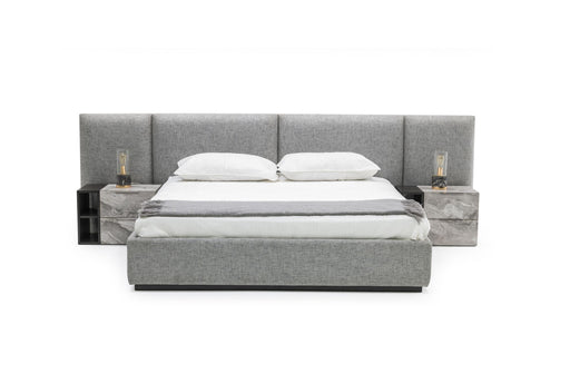 Eastern King Maranello - Modern Grey Fabric Bed w/ Two Nightstands