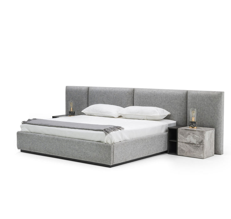 Eastern King Maranello - Modern Grey Fabric Bed w/ Two Nightstands