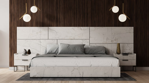 Queen Size Marbella - Italian Modern White Marble Bed w/ 2 Nightstands