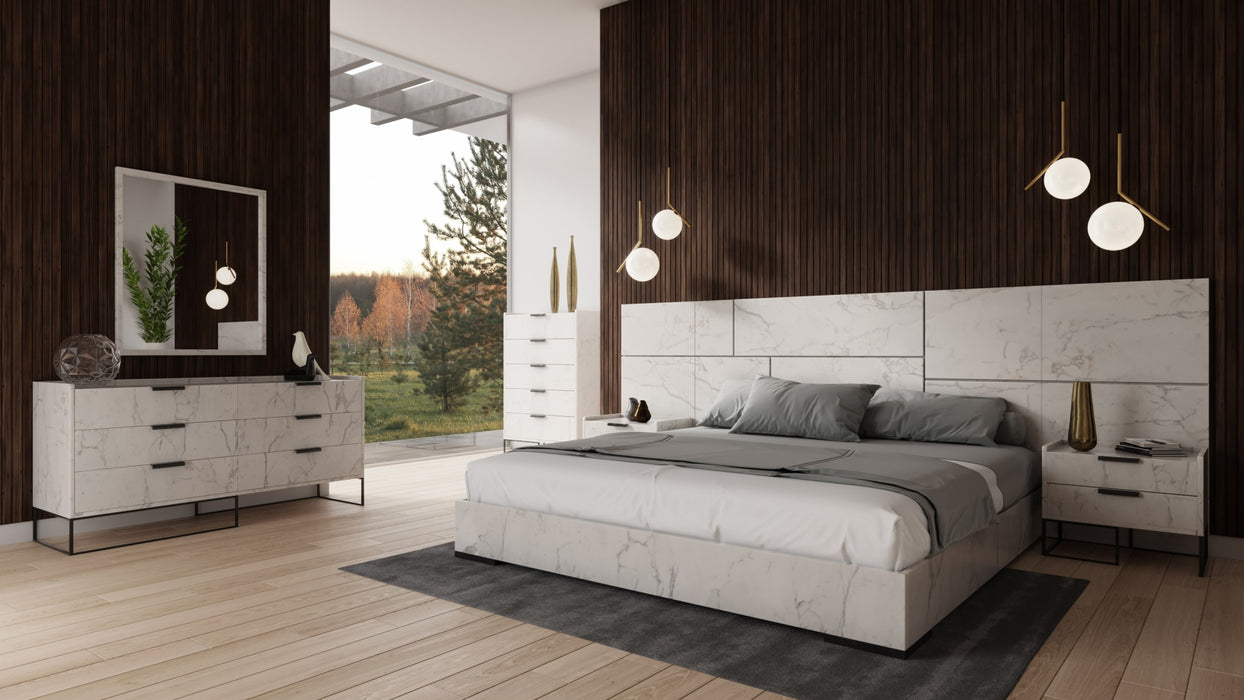 California King Marbella - Italian Modern White Marble Bed w/ 2 Nightstands