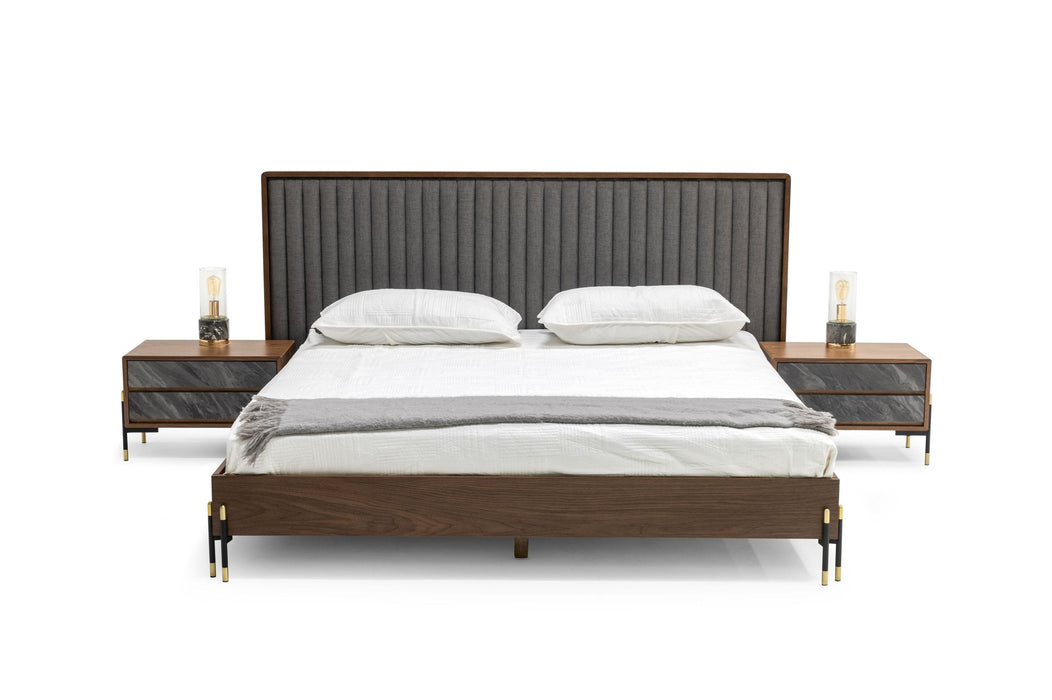 Queen Metcalf - Mid-Century Walnut & Grey Bed w/ Two Nightstands