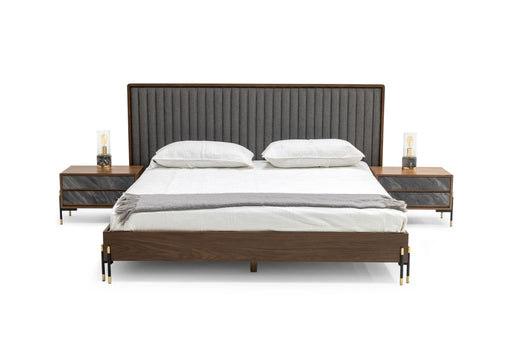 Queen Metcalf - Mid-Century Walnut & Grey Bed w/ Two Nightstands