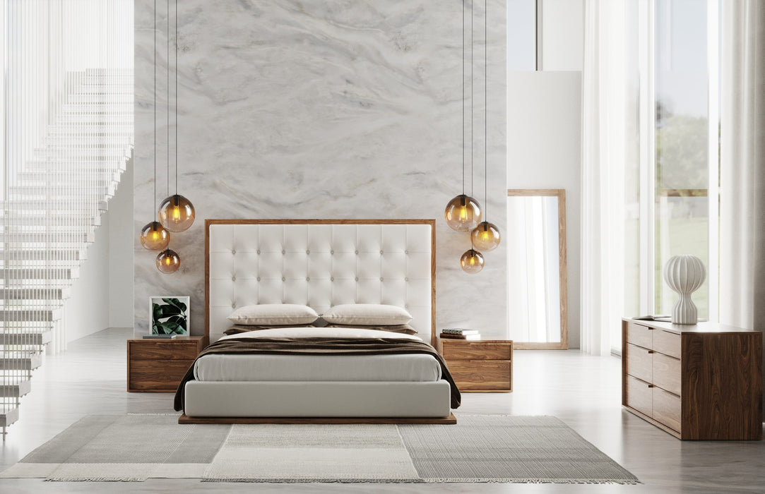 Queen Amberlie - Modern White Vegan Leather + Walnut 4-Piece Bedroom Set