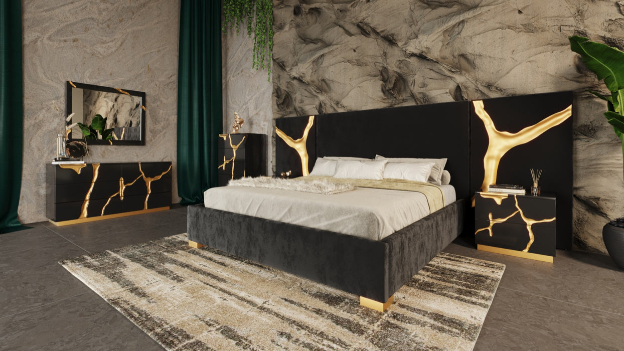 Aspen - Modern Black + Gold Bed + Nightstands