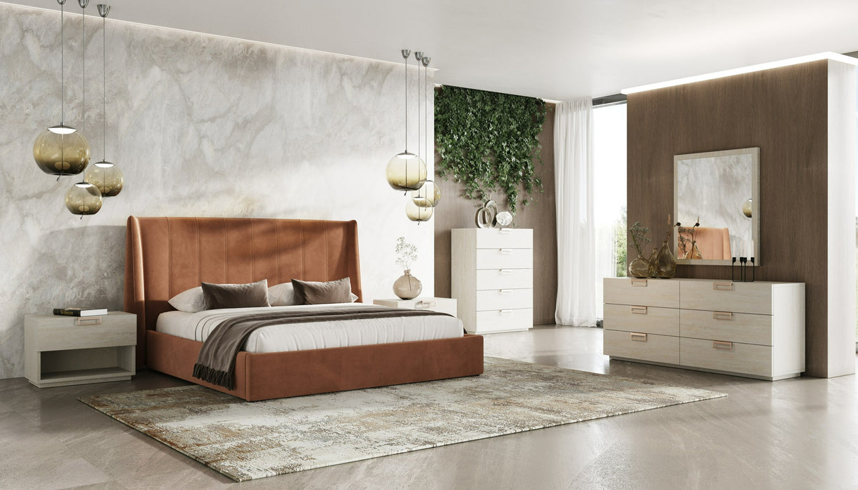Roma + Lago - Modern Burnt Orange Velvet + Faux Travertine Bed + Nightstands Set