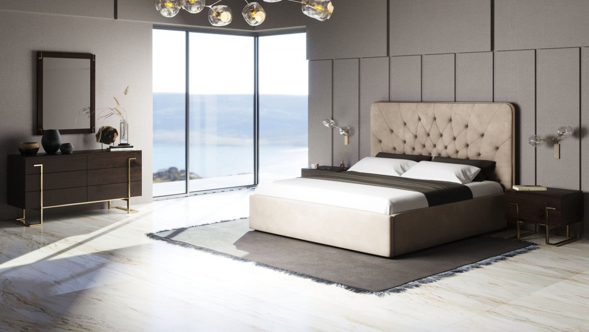 Moontide - Glam Beige Velvet and Brushed Brass Bed