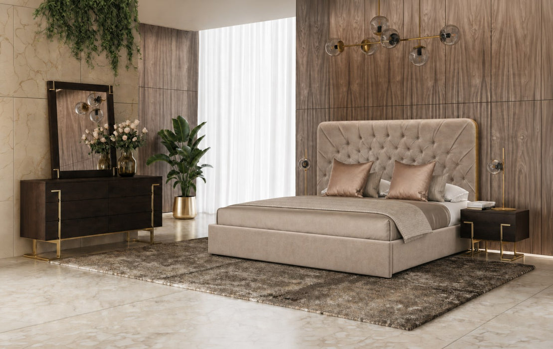 Moontide - Glam Beige Velvet and Brushed Brass Bed