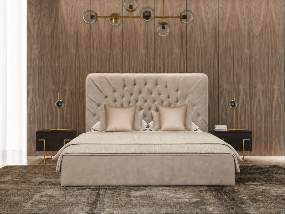 Moontide - Glam Beige Velvet and Brushed Brass Bed