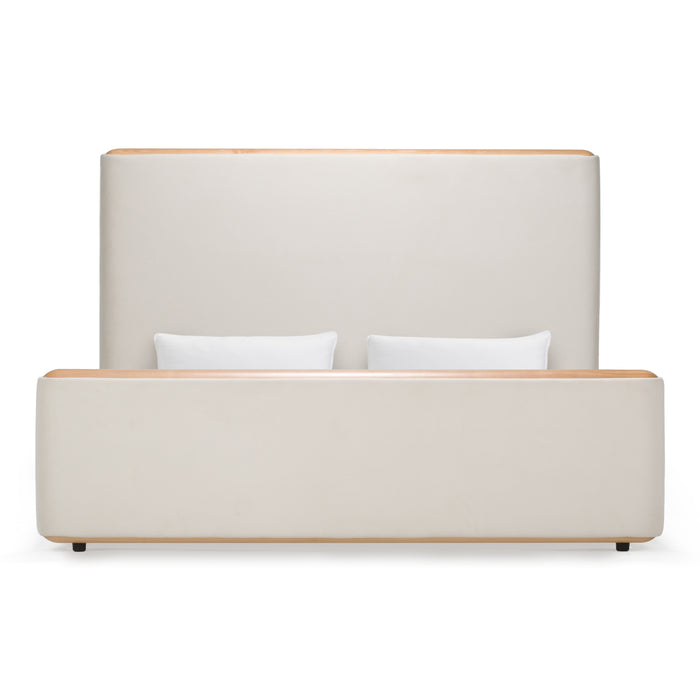 Eastern King Mora - Modern Cream Fabric + Wood Bed