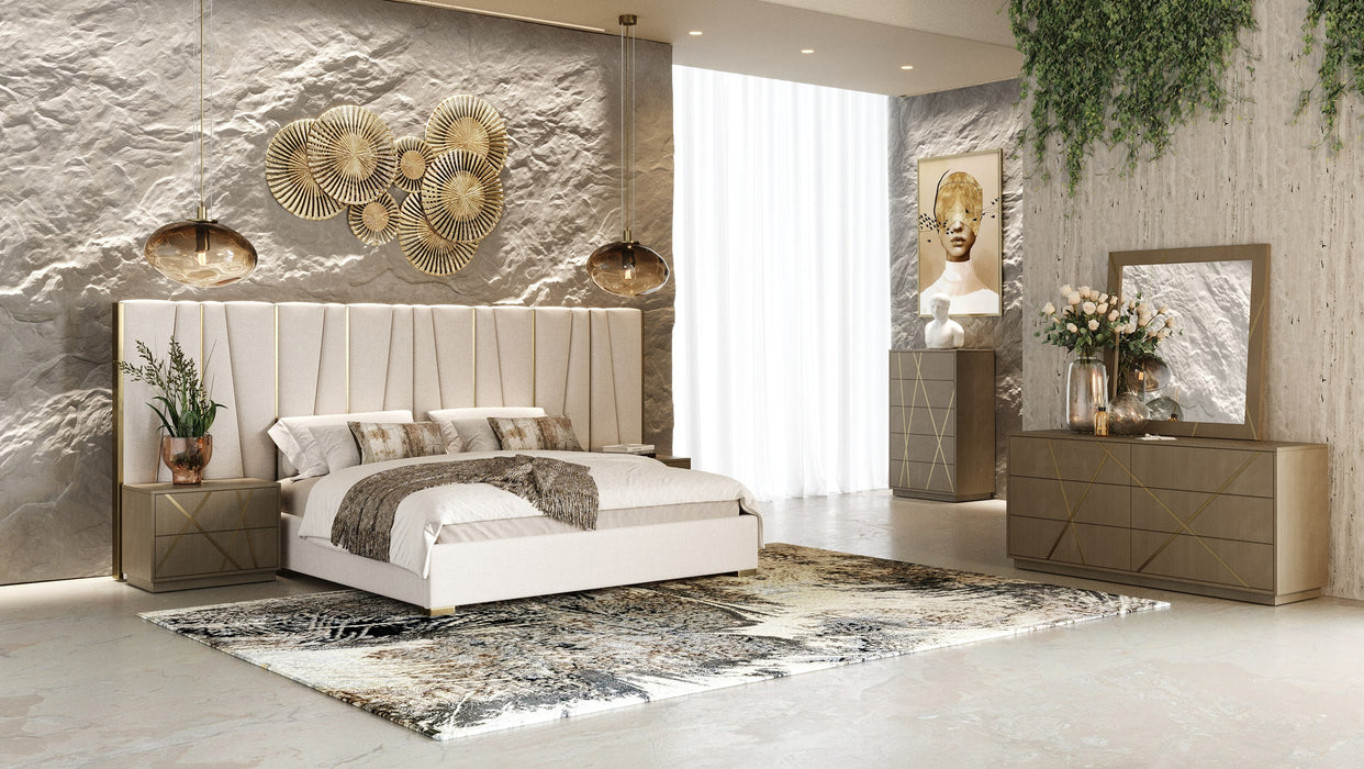 Nixa - Modern Beige Velvet + Brushed Bronze Bed