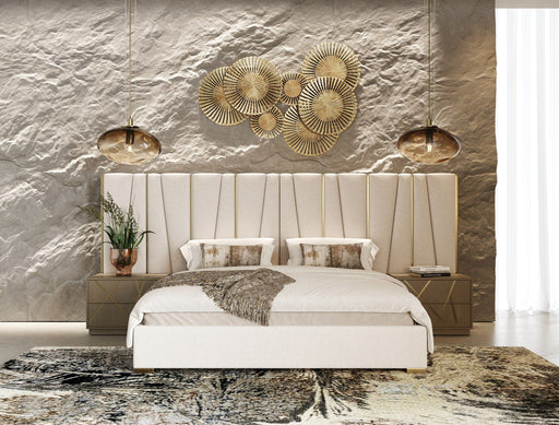 Nixa - Modern Beige Velvet + Brushed Bronze Bed + Birch Nightstands